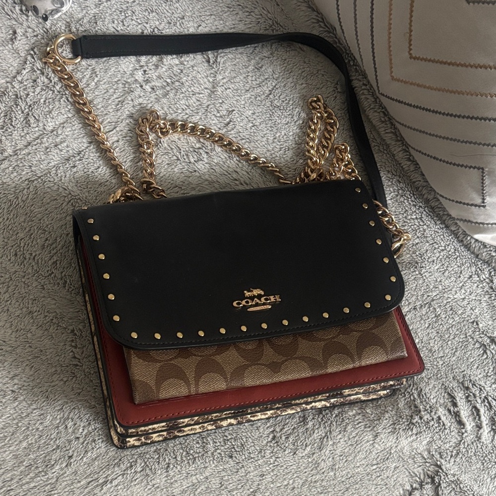 Coach Black and Tan Crossbody Bag with Gold Chain